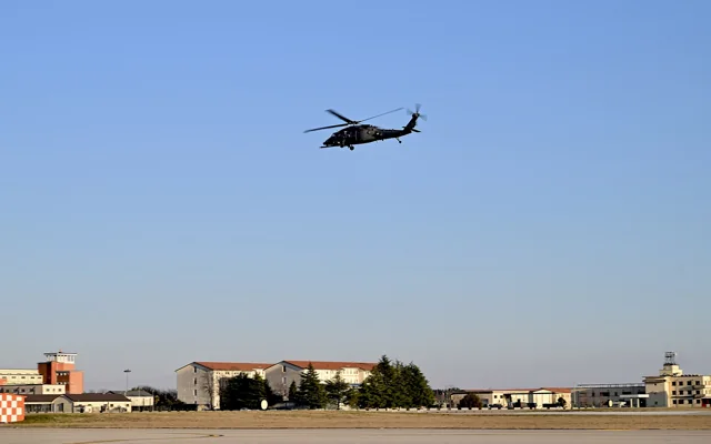 An HH-60W Jolly Green II flying at Aviano Air Base in February 2025.
