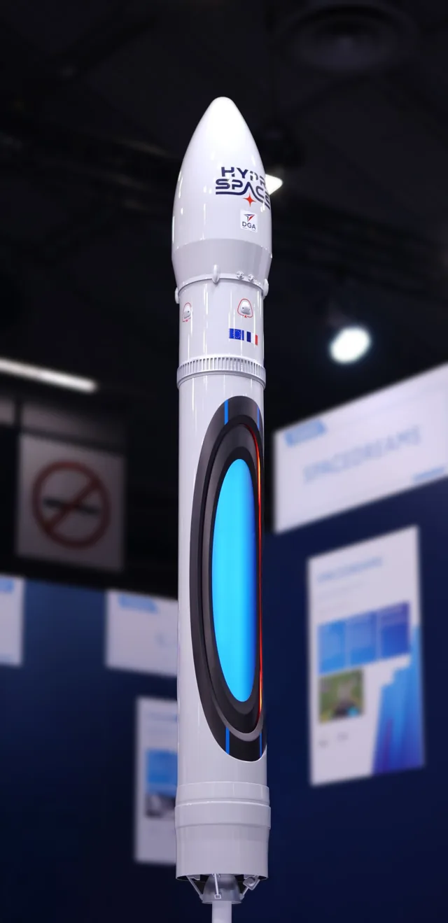 Physical display model of the Baguette One suborbital rocket at an exhibition