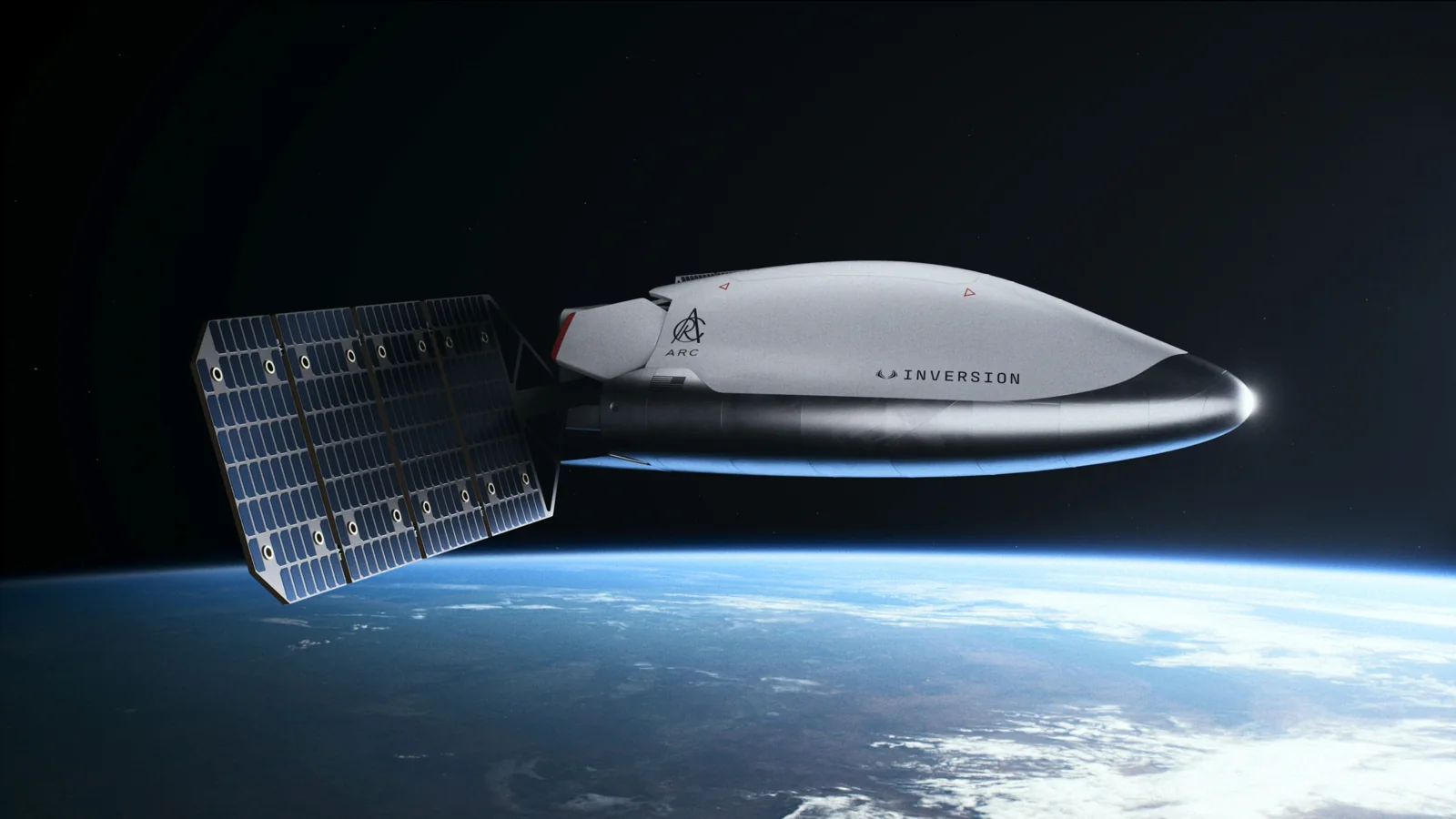 Concept rendering of the Inversion Arc spacecraft in orbit above Earth