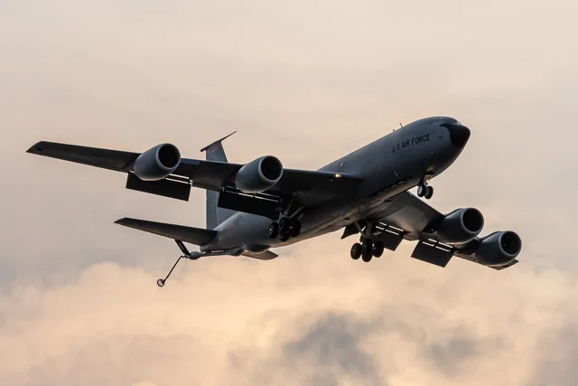 A KC-135R Stratotanker on approach with its landing gear extended