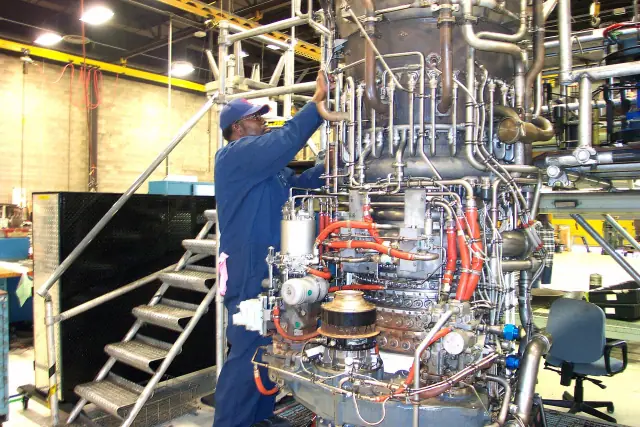 A General Electric LM2500 marine gas turbine undergoing depot maintenance at Naval Air Station North Island