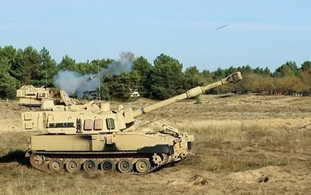 An M109A7 Paladin self-propelled howitzer firing during training in Poland