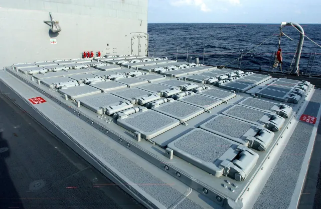 Closed hatches of the forward Mk 41 Vertical Launching System aboard cruiser USS San Jacinto (CG 56)