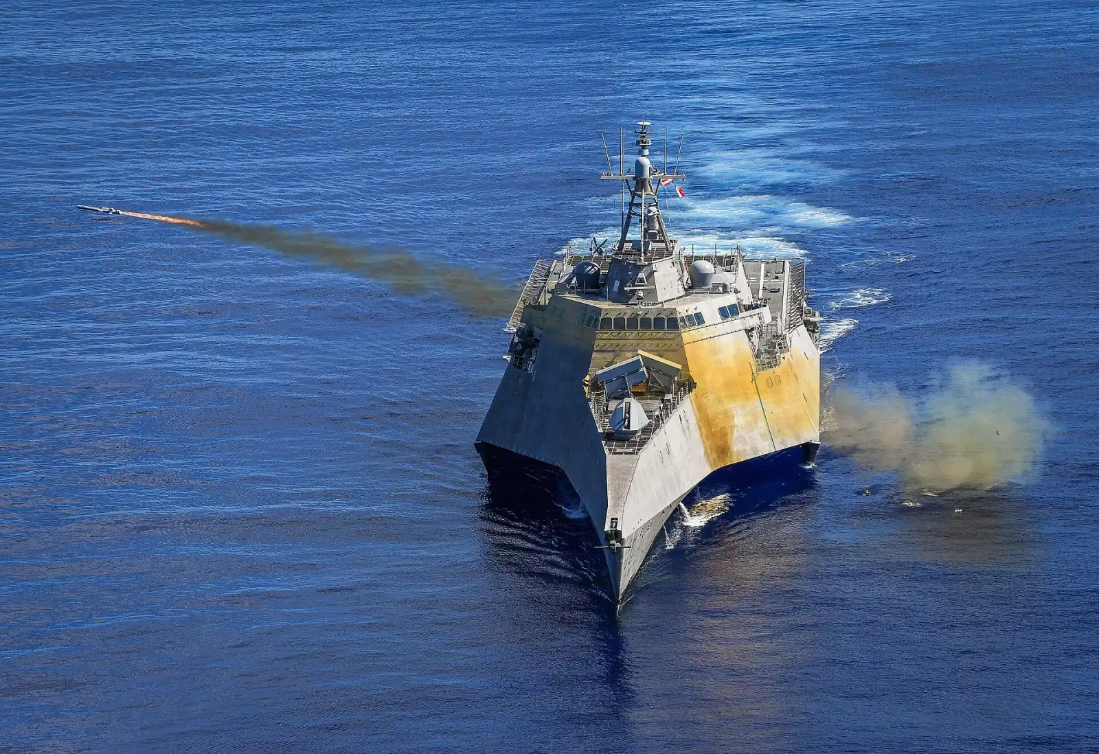 Littoral combat ship USS Gabrielle Giffords (LCS 10) launching a Naval Strike Missile