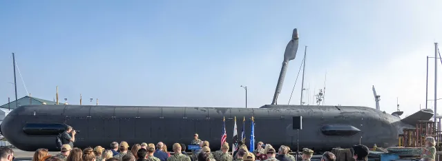 Boeing's Orca Extra Large Unmanned Undersea Vehicle on display during a Navy visit