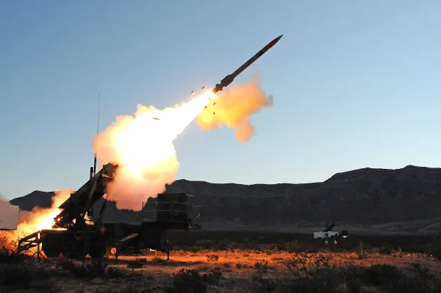 A Patriot launcher firing an interceptor during an Army test
