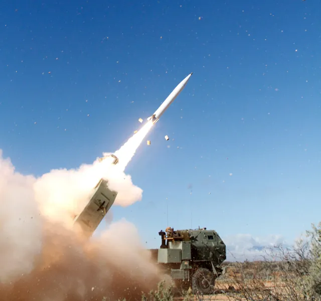 A Precision Strike Missile launching from an M142 HIMARS during a limited user test