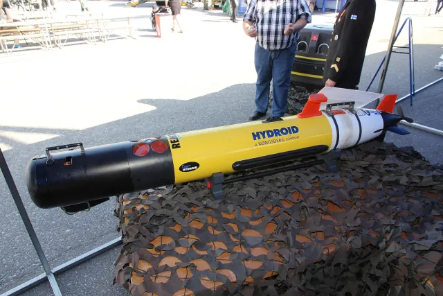 A REMUS 100 autonomous underwater vehicle on public display in Turku, Finland