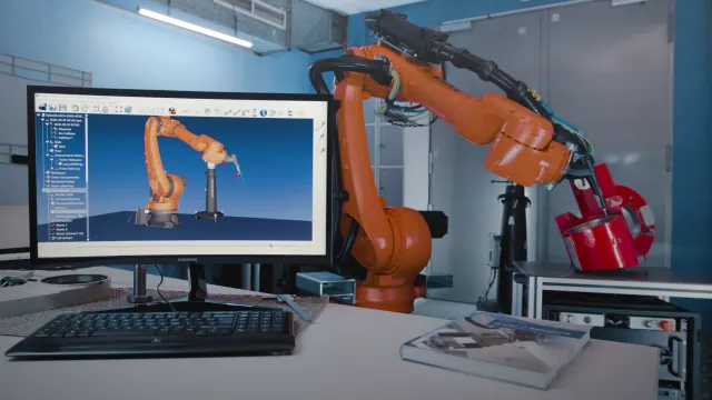RoboDK simulation software displayed on a monitor beside an industrial robot cell