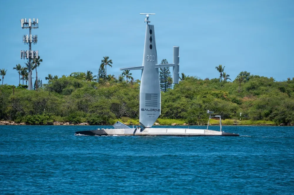 Saildrone Surveyor SD-3001 underway off Pearl Harbor during RIMPAC 2026.
