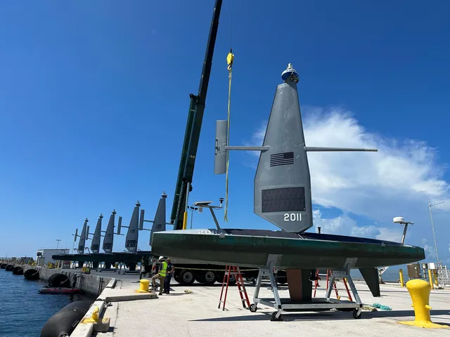 Saildrone Voyager uncrewed surface vessels on the pier at Naval Air Station Key West.