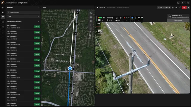 Skydio Asset Command interface showing an inspection map and power-line imagery