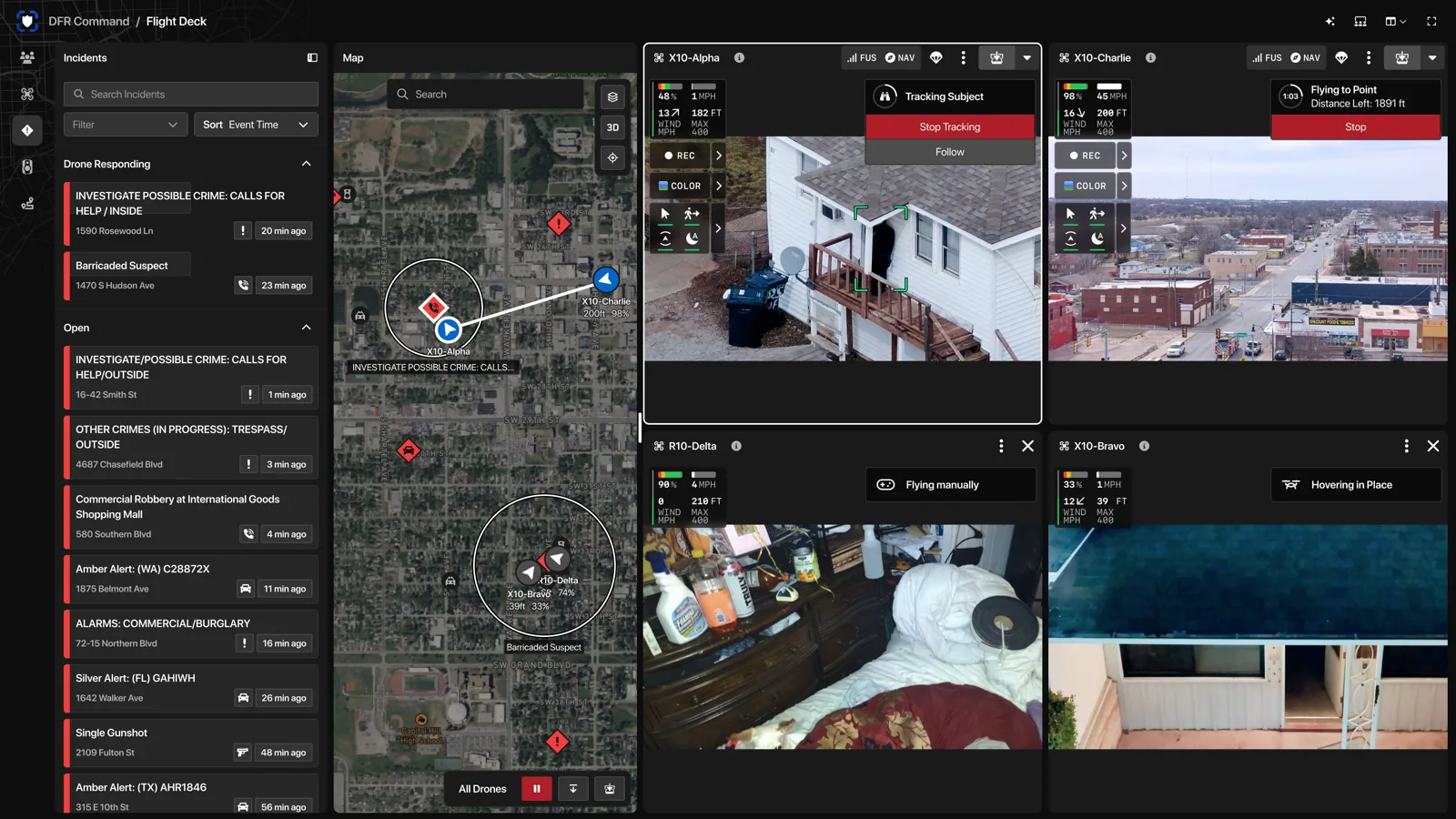 Skydio DFR Command interface showing a map and drone video feeds