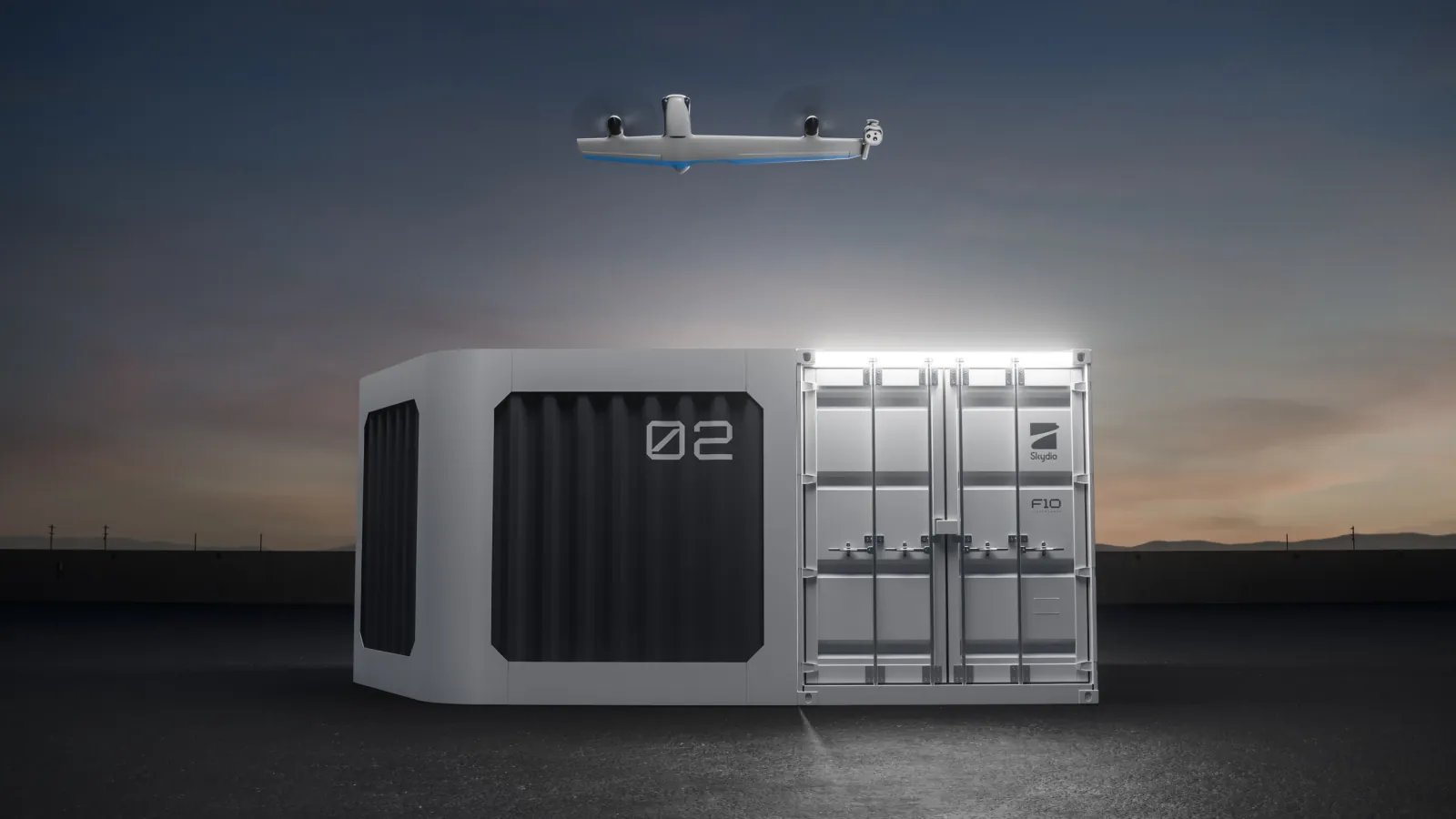 Company rendering of the Skydio F10 Lightrunner above its container-sized MegaDock.