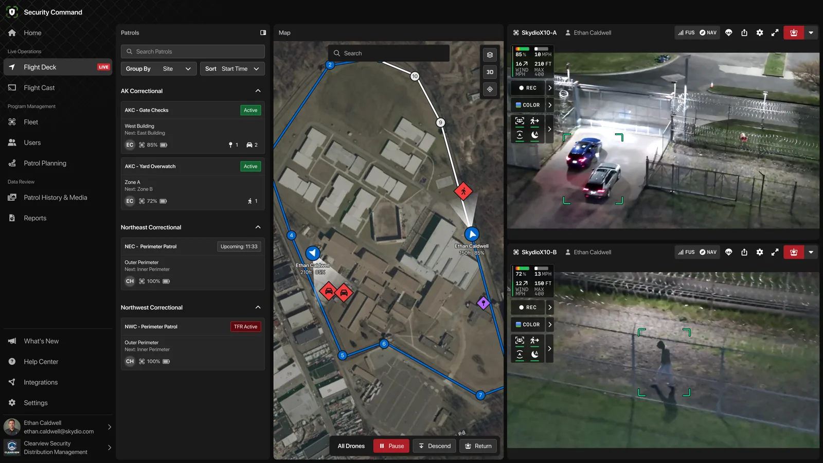 Skydio Security Command interface showing a map and security video feeds