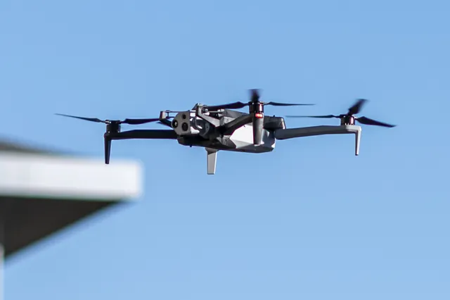 Skydio X10 quadcopter in flight during a demonstration in San Mateo, California.