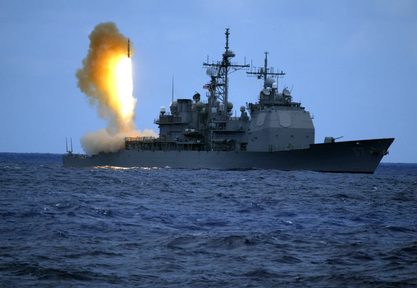 A Standard Missile 3 launching from cruiser USS Shiloh (CG 67) during a ballistic missile defense flight test