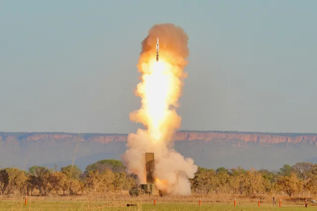A Standard Missile 6 launching from an Army Mid-Range Capability launcher during Exercise Talisman Sabre 25