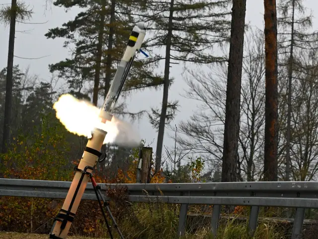 A Switchblade 600 loitering munition leaving its launch tube during training at Grafenwoehr, Germany