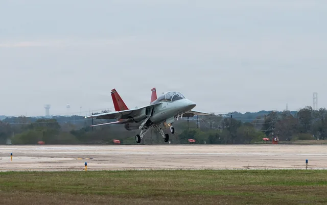 A T-7A Red Hawk trainer touching down at Joint Base San Antonio-Randolph.