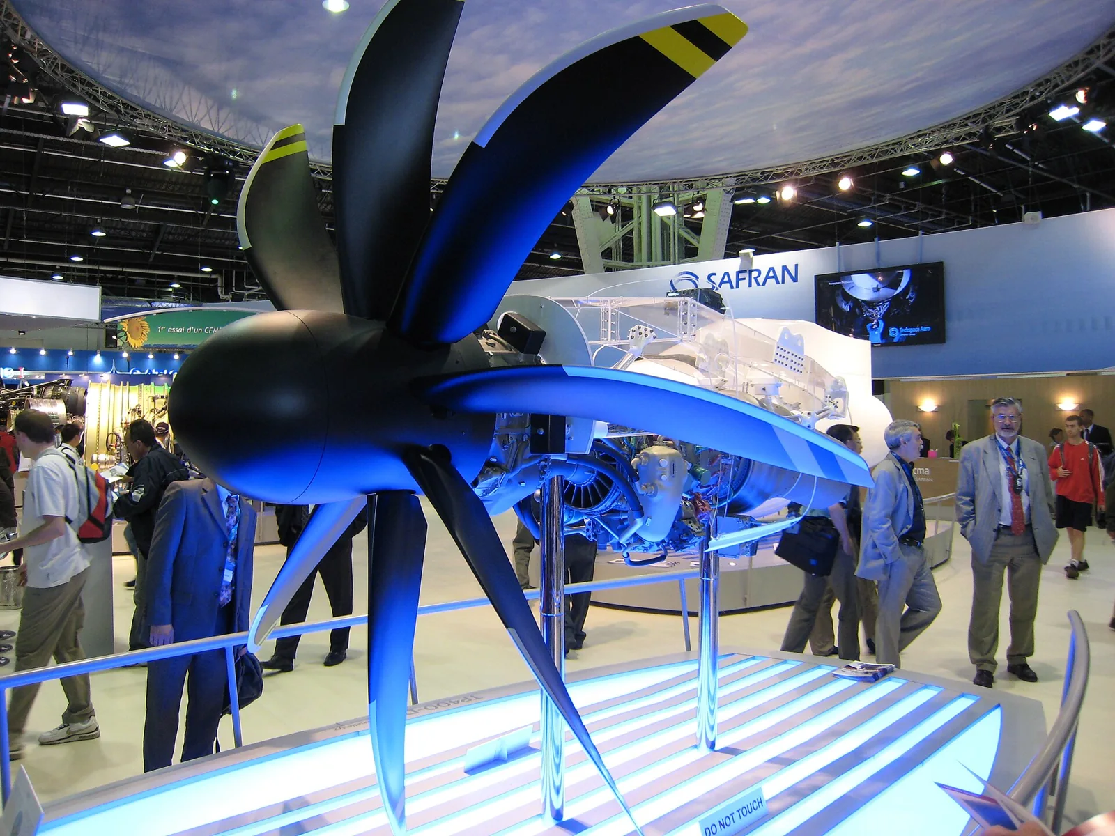 A Europrop TP400-D6 engine cutaway display at the Paris Air Show