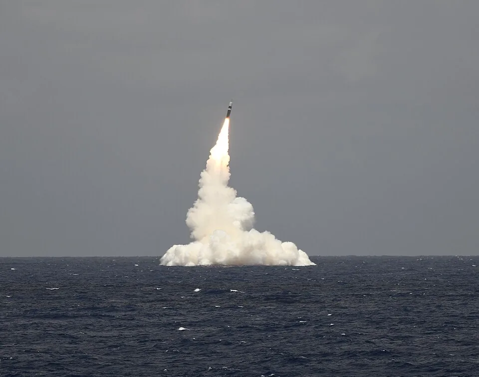 An unarmed Trident II D5 test missile launches from USS Rhode Island on May 9, 2019.