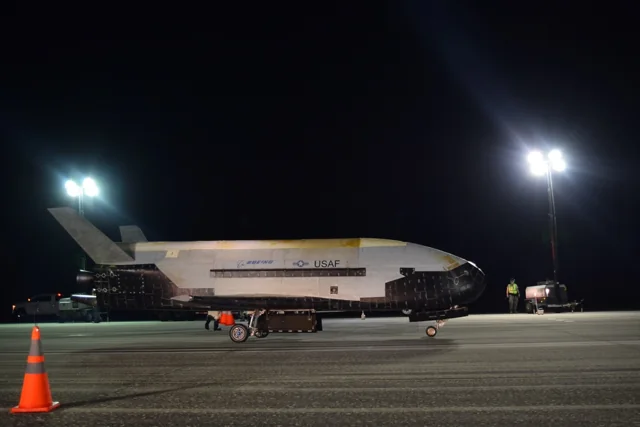X-37B Orbital Test Vehicle on the runway after landing from Mission 5 in October 2019