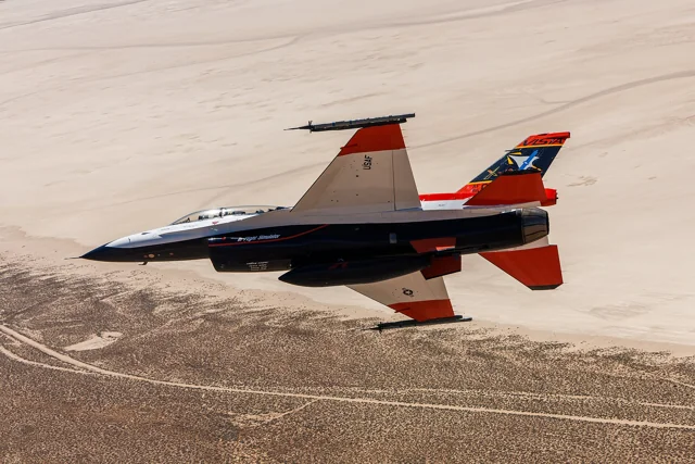The X-62A VISTA experimental aircraft in flight above Edwards Air Force Base