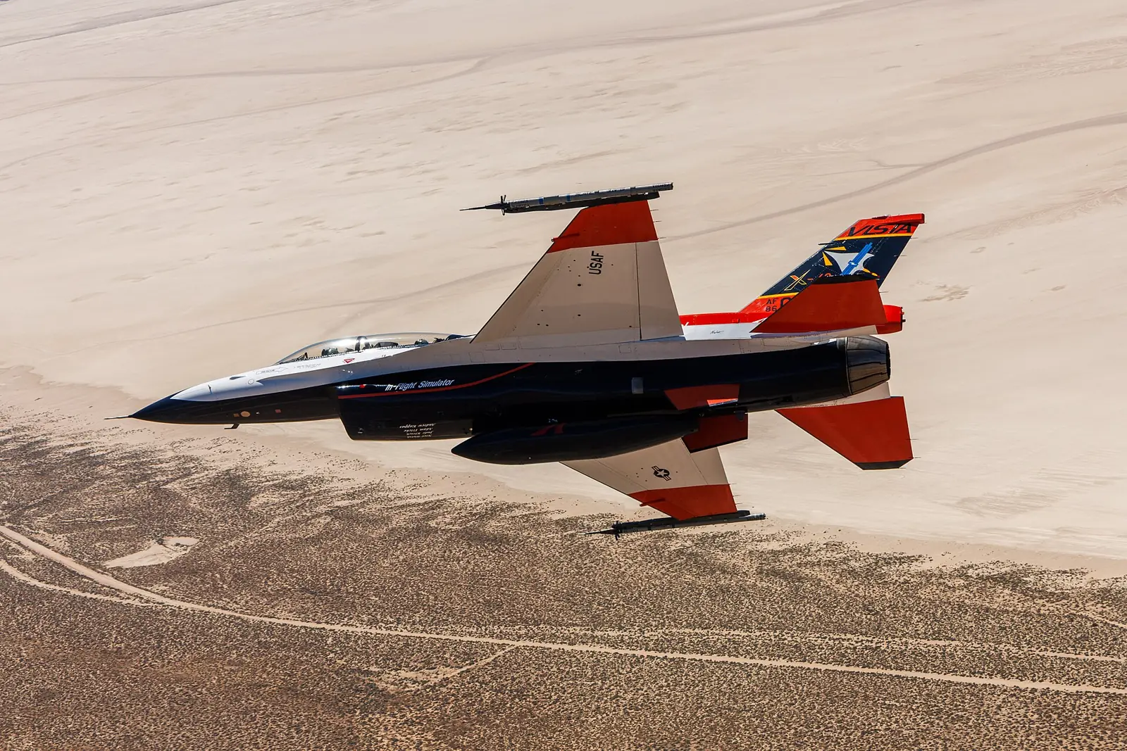 The X-62A VISTA experimental aircraft in flight above Edwards Air Force Base
